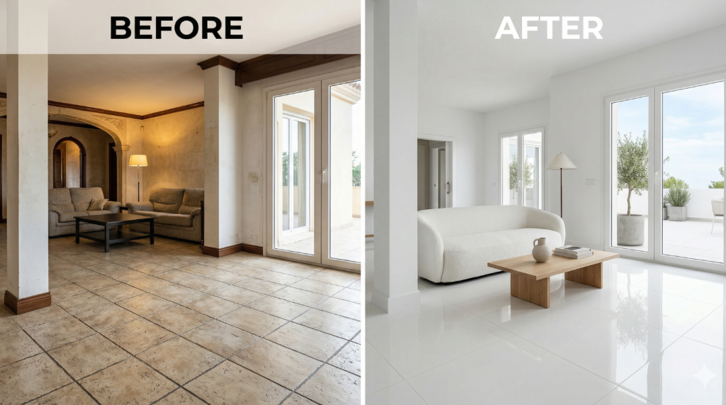 Arabian Ranches Villa porcelain ground floor renovation before and after