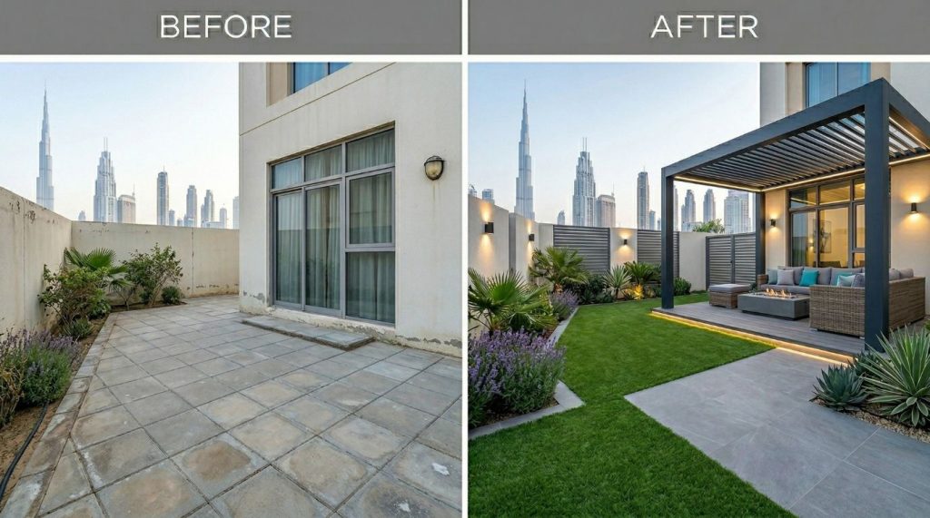 Damac Hills Townhouse garden with pergola