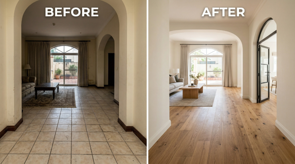 Dubai Marina Penthouse herringbone oak renovation before and after